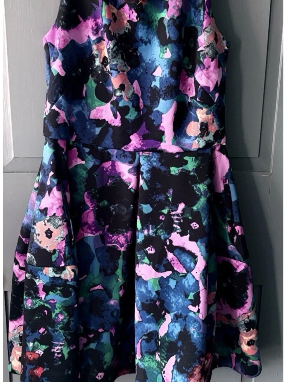 Just...Taylor Black Floral-Abstract Prom Dress with Pink, Blue, Green Accents